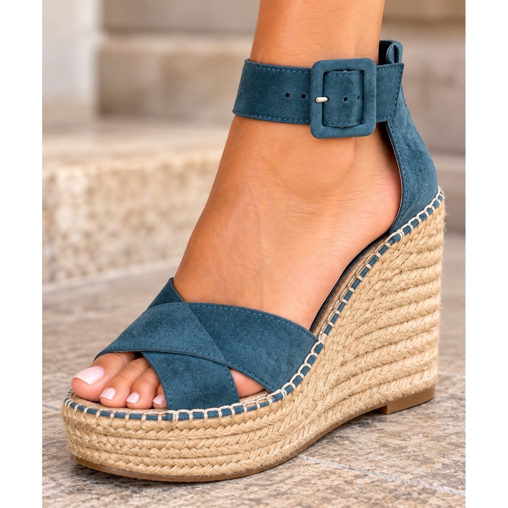 Marc Fisher Wedge Sandals Teal Blue Suede Espadrille Ankle Strap Size 7
